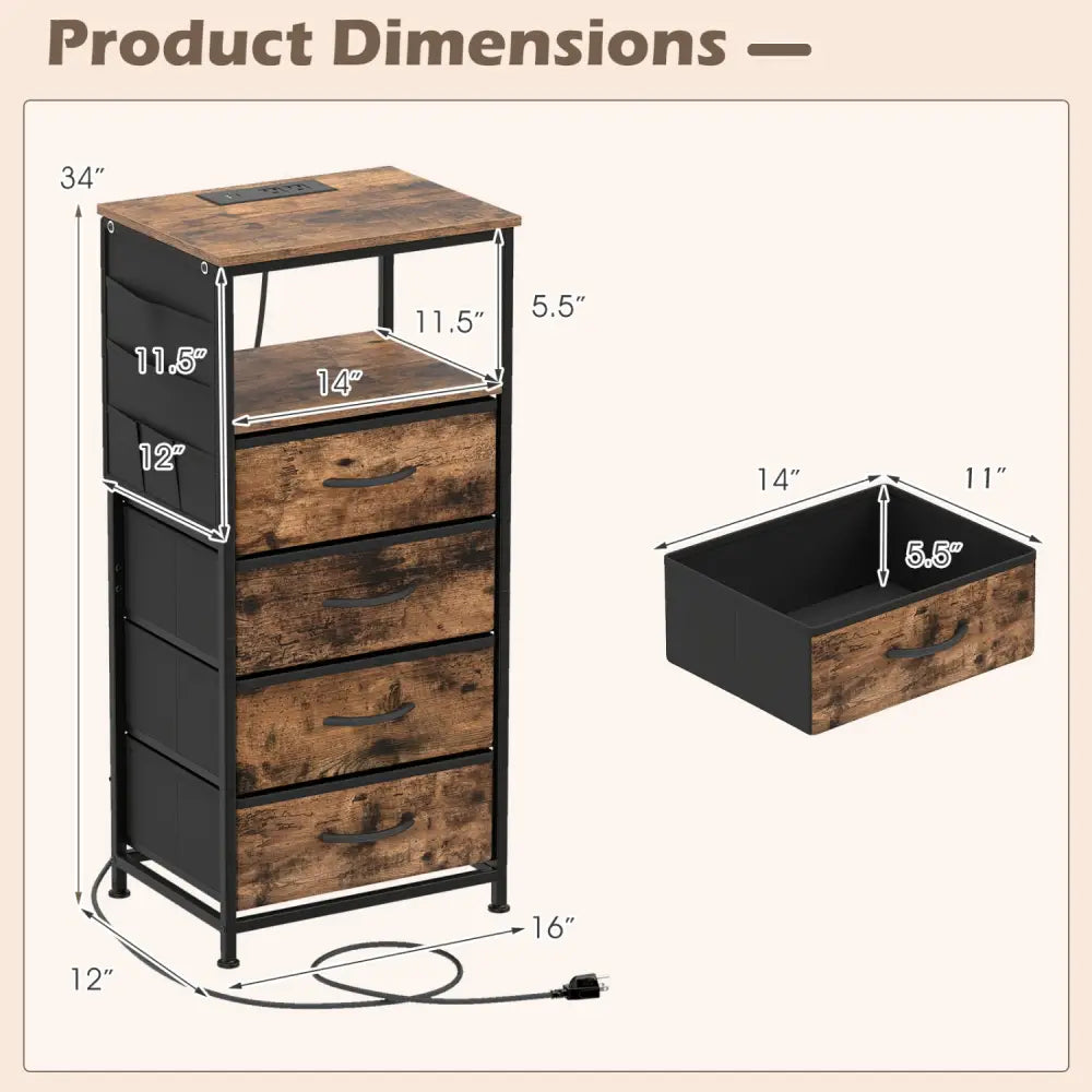 Nightstand with Integrated Charging Station 34’’ Modern Bedside Table-Rustic Brown - Rustic Brown - Nightstands