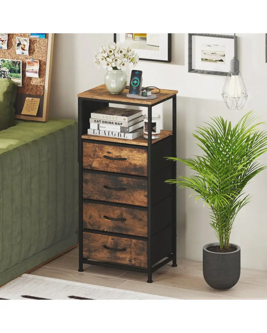 Nightstand with Integrated Charging Station 34’’ Modern Bedside Table-Rustic Brown - Rustic Brown - Nightstands