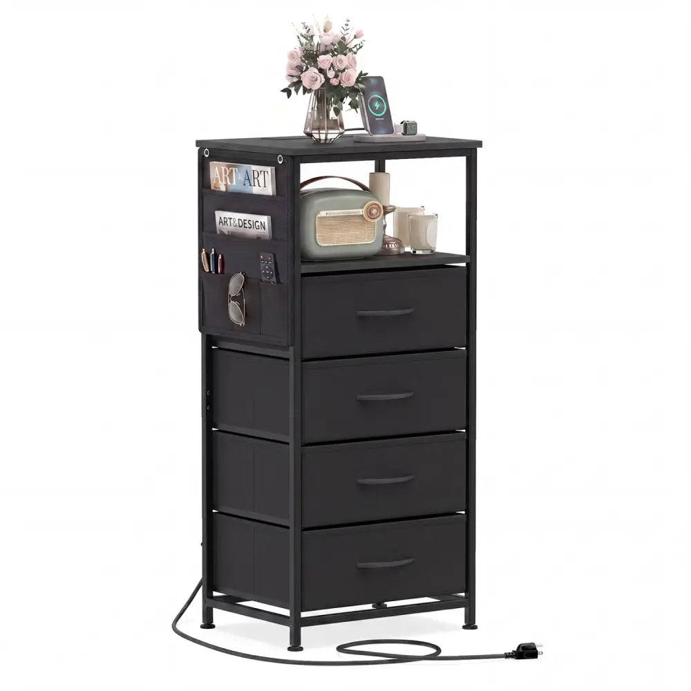 Nightstand with Integrated Charging Station 34’’ Modern Bedside Table-Black - Black - Nightstands