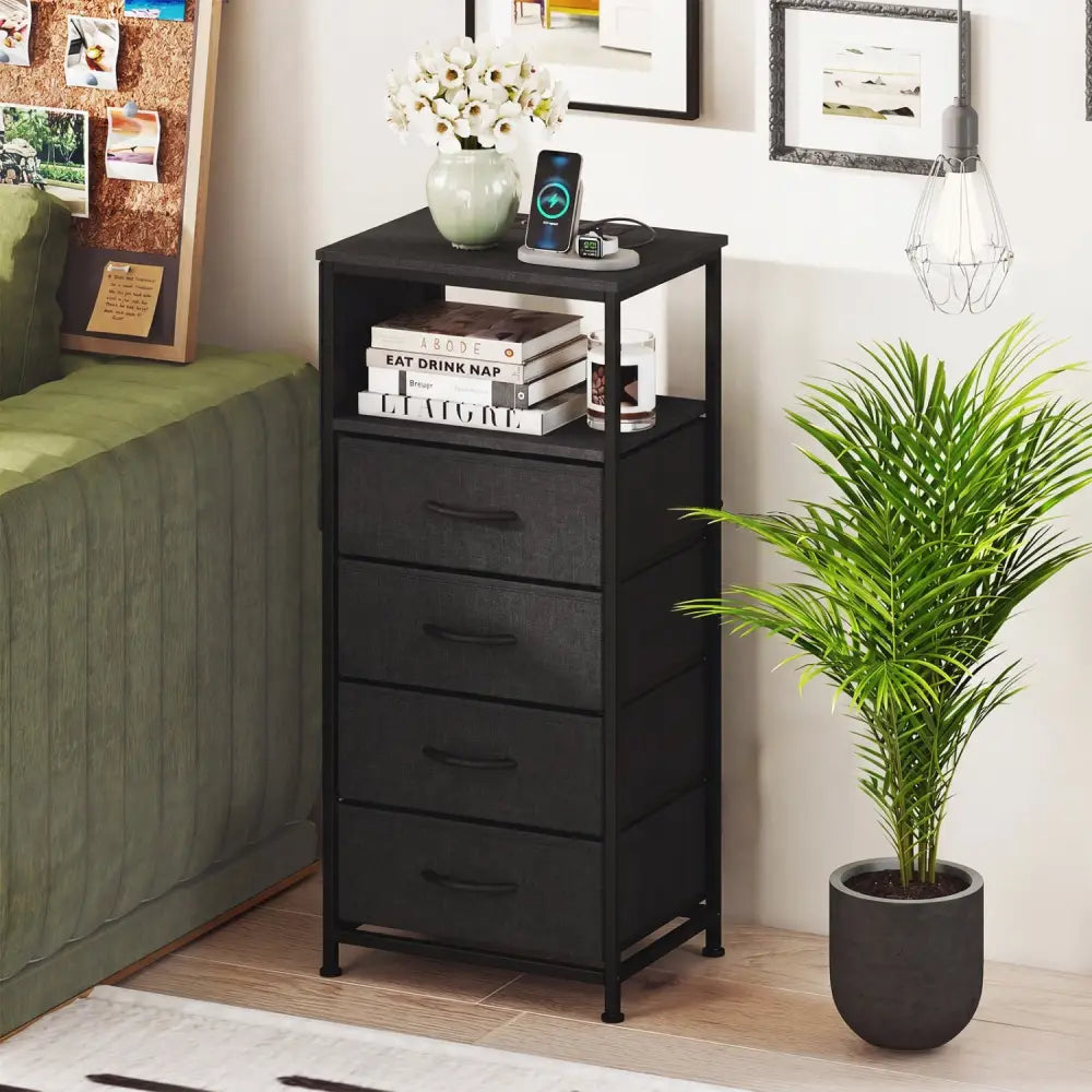 Nightstand with Integrated Charging Station 34’’ Modern Bedside Table-Black - Black - Nightstands