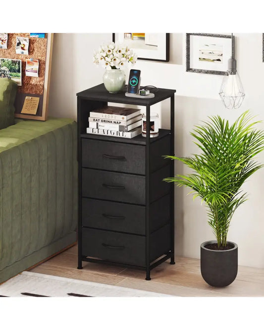 Nightstand with Integrated Charging Station 34’’ Modern Bedside Table-Black - Black - Nightstands