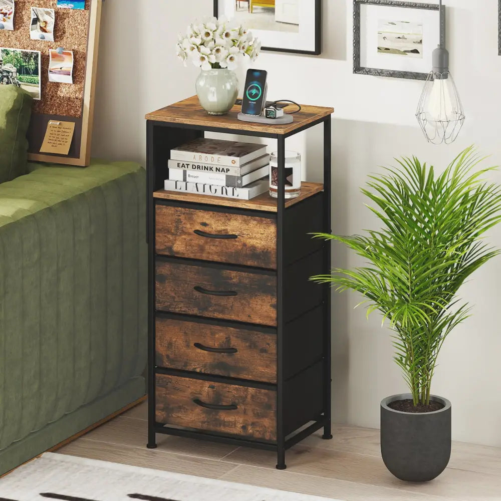 Nightstand with Integrated Charging Station 34’’ Modern Bedside Table-Rustic Brown - Rustic Brown - Nightstands
