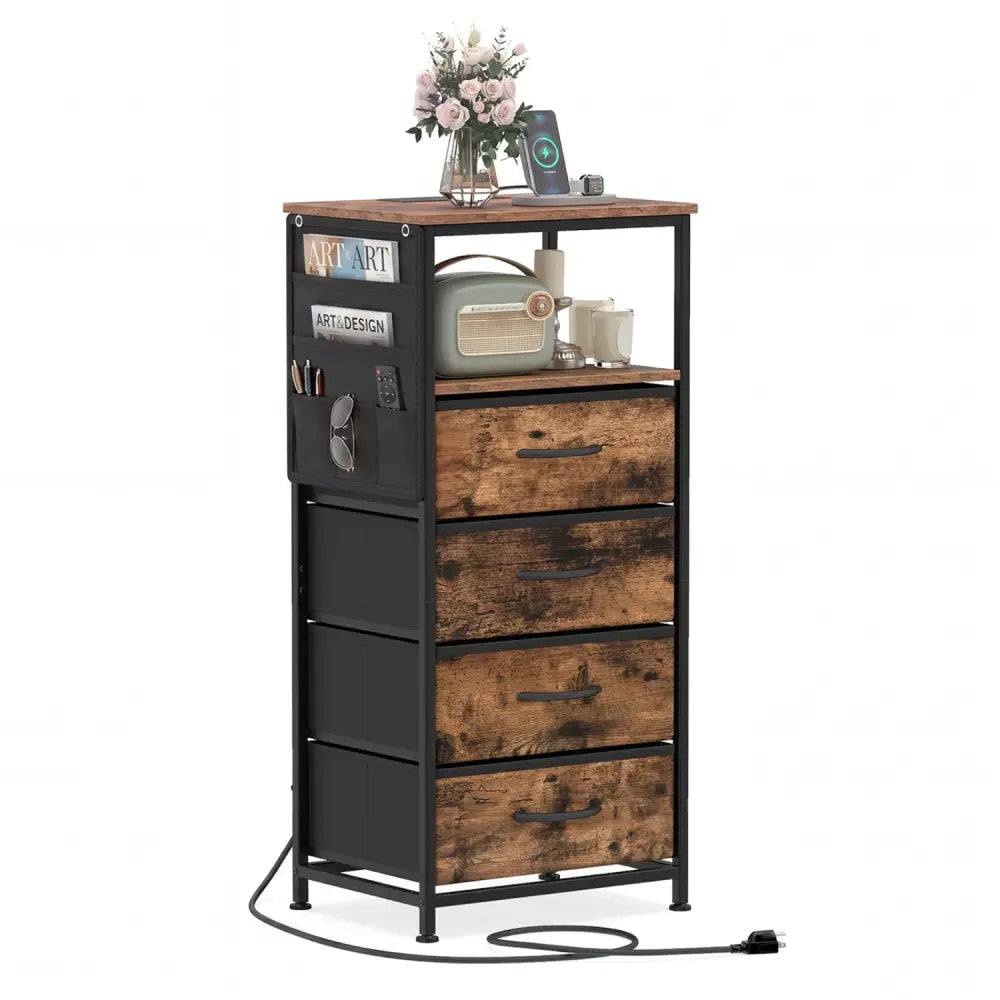 Nightstand with Integrated Charging Station 34’’ Modern Bedside Table-Rustic Brown - Rustic Brown - Nightstands