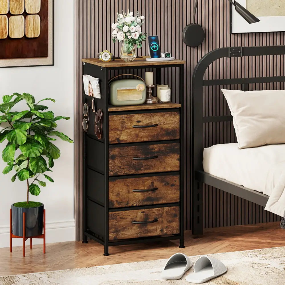 Nightstand with Integrated Charging Station 34’’ Modern Bedside Table-Rustic Brown - Rustic Brown - Nightstands