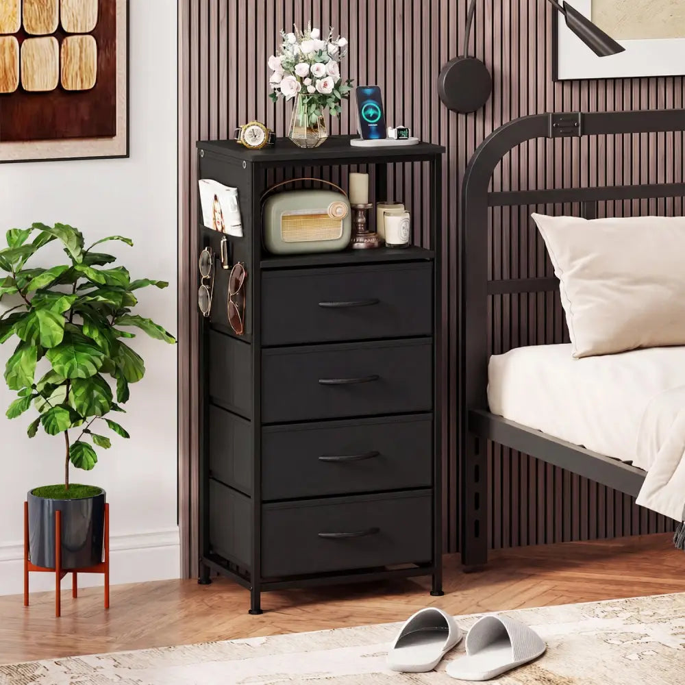 Nightstand with Integrated Charging Station 34’’ Modern Bedside Table-Black - Black - Nightstands