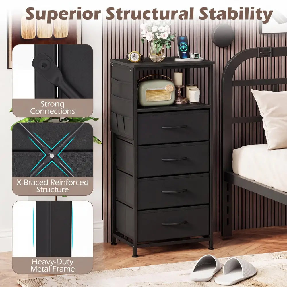 Nightstand with Integrated Charging Station 34’’ Modern Bedside Table-Black - Black - Nightstands