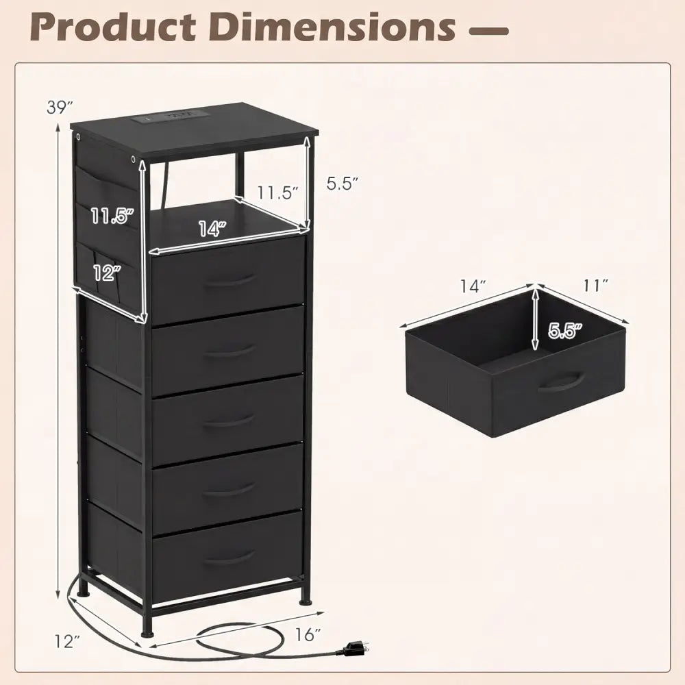 Nightstand with Integrated Charging Station 39 Inches Modern Bedside Table-Black - Black - Nightstands