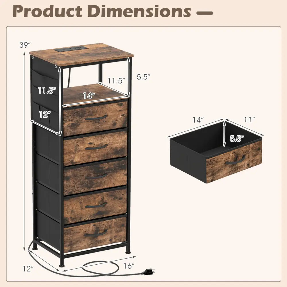 Nightstand with Integrated Charging Station 39 Inches Modern Bedside Table-Brown - Brown - Nightstands