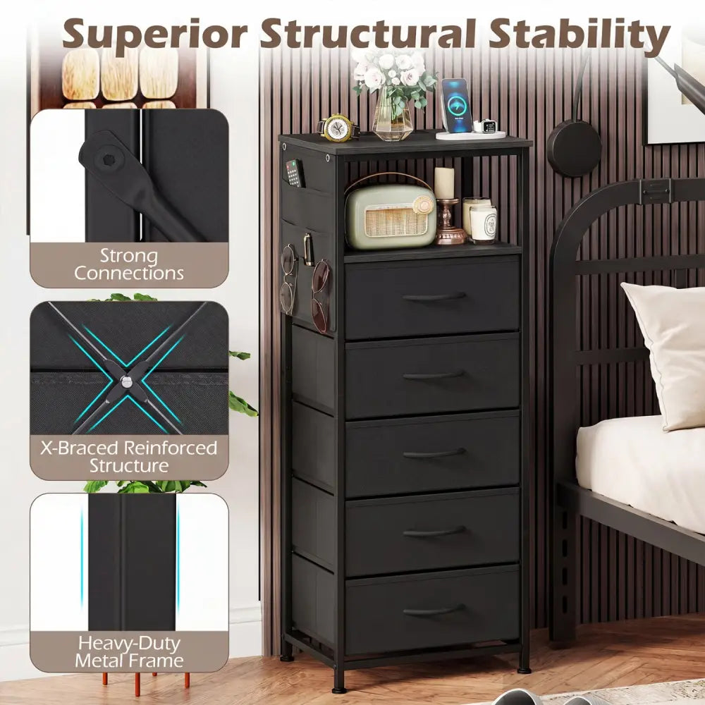 Nightstand with Integrated Charging Station 39 Inches Modern Bedside Table-Black - Black - Nightstands