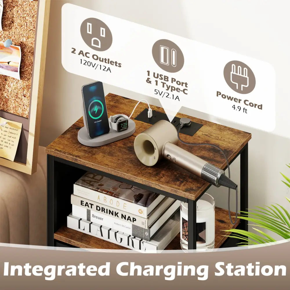 Nightstand with Integrated Charging Station 39 Inches Modern Bedside Table-Brown - Brown - Nightstands