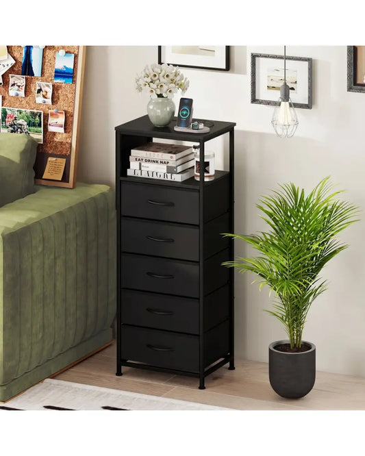 Nightstand with Integrated Charging Station 39 Inches Modern Bedside Table-Black - Black - Nightstands