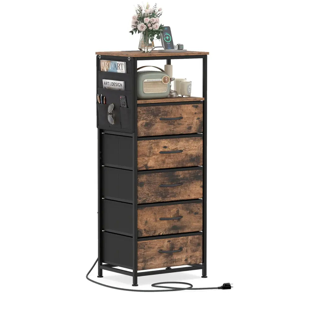 Nightstand with Integrated Charging Station 39 Inches Modern Bedside Table-Brown - Brown - Nightstands