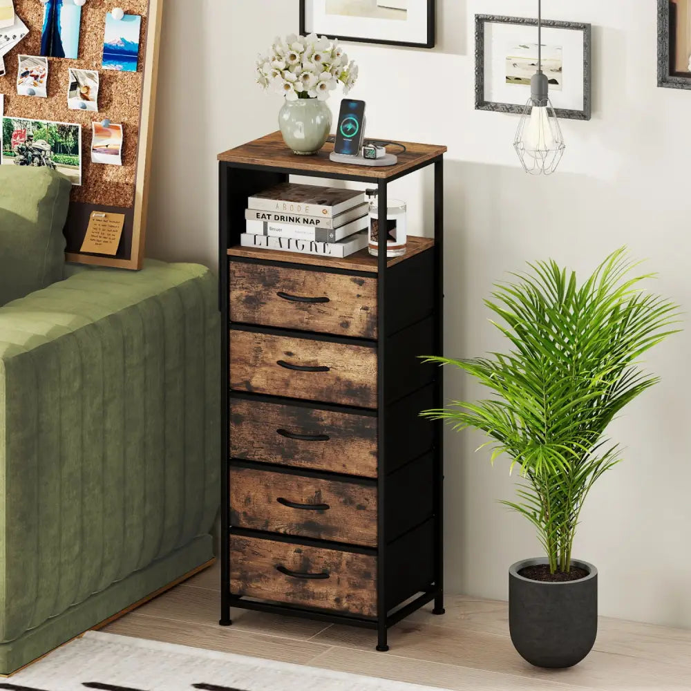 Nightstand with Integrated Charging Station 39 Inches Modern Bedside Table-Brown - Brown - Nightstands