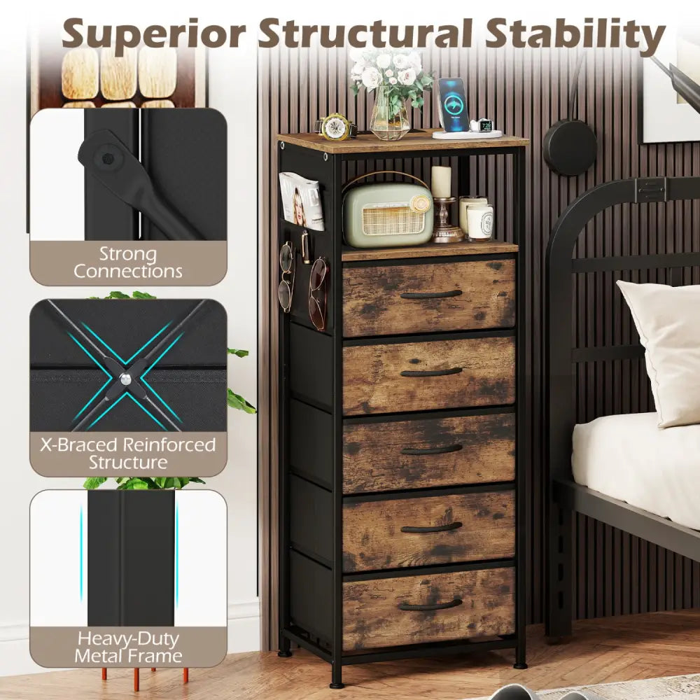 Nightstand with Integrated Charging Station 39 Inches Modern Bedside Table-Brown - Brown - Nightstands