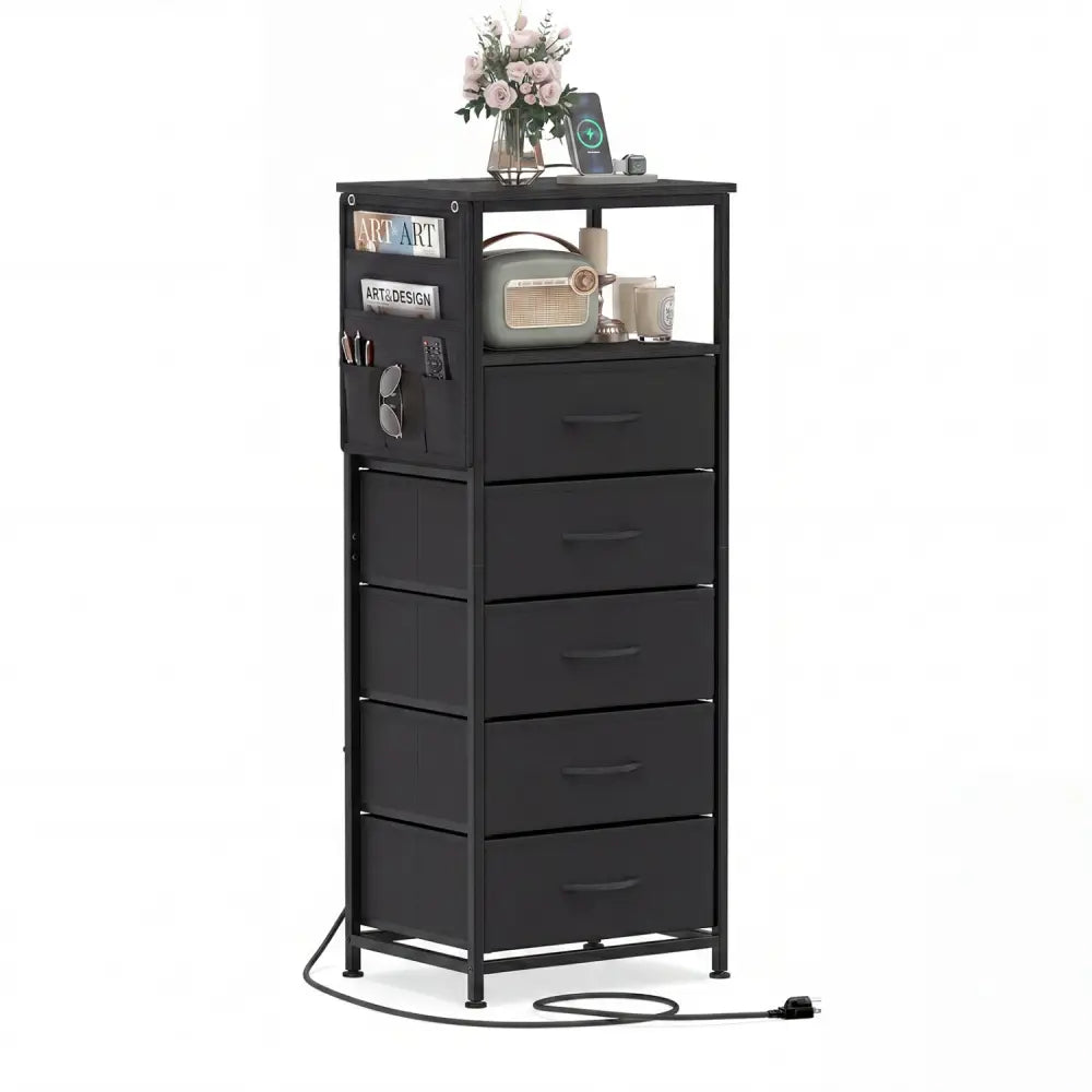 Nightstand with Integrated Charging Station 39 Inches Modern Bedside Table-Black - Black - Nightstands