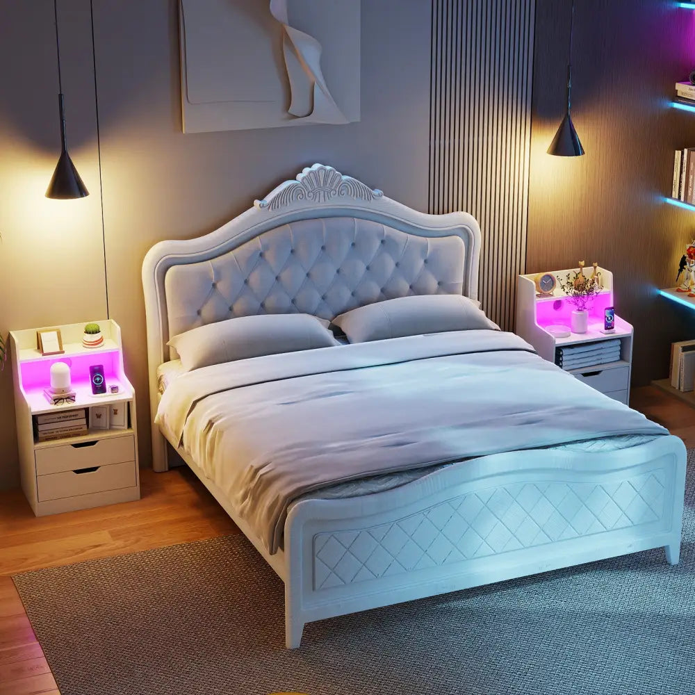 Nightstand with LED Light and Charging Station for Living Room Bedroom-White - White - Nightstands