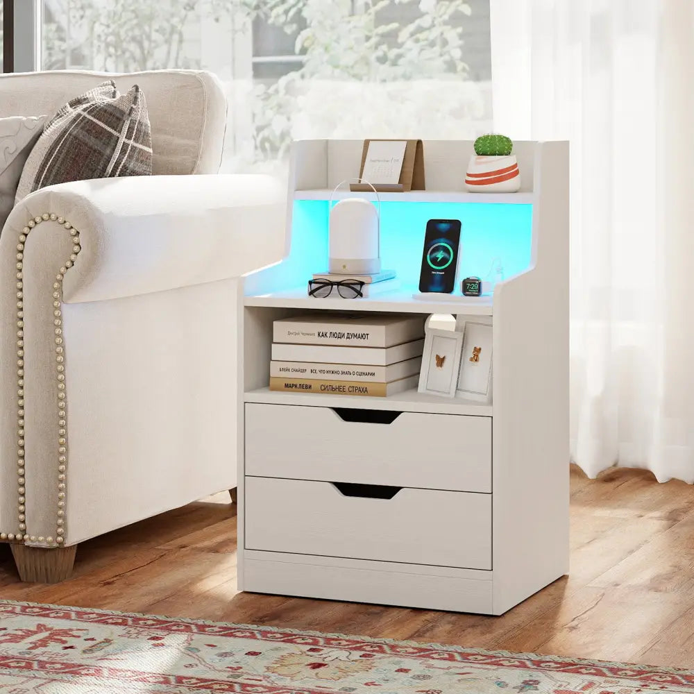Nightstand with LED Light and Charging Station for Living Room Bedroom-White - White - Nightstands