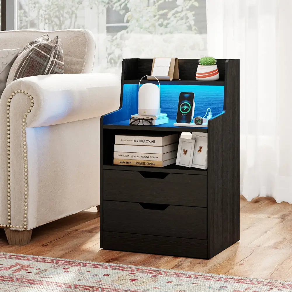 Nightstand with LED Light and Charging Station for Living Room Bedroom-Black - Black - Nightstands