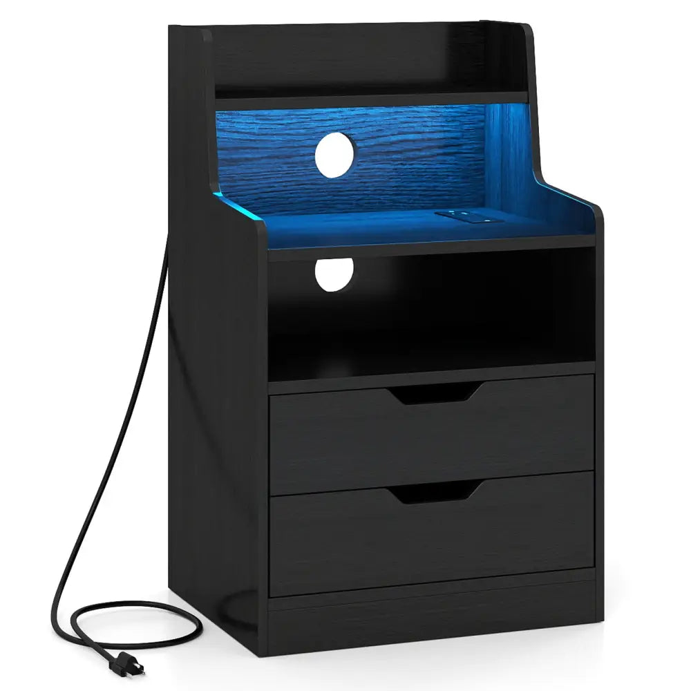 Nightstand with LED Light and Charging Station for Living Room Bedroom-Black - Black - Nightstands