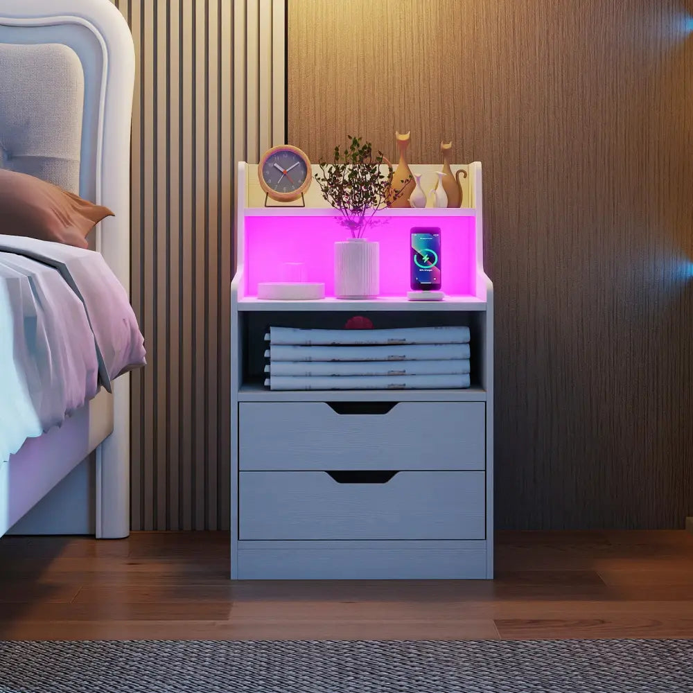 Nightstand with LED Light and Charging Station for Living Room Bedroom-White - White - Nightstands