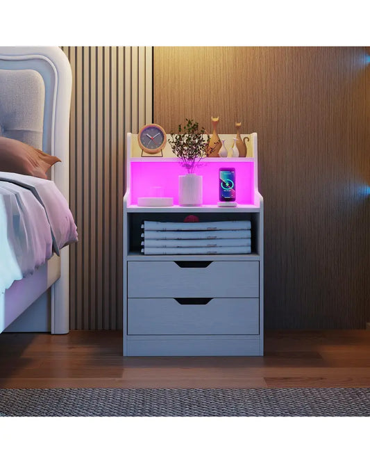Nightstand with LED Light and Charging Station for Living Room Bedroom-White - White - Nightstands