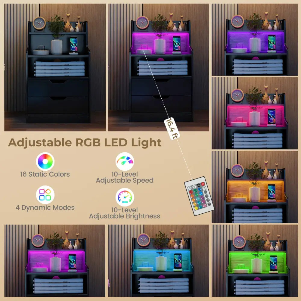 Nightstand with LED Light and Charging Station for Living Room Bedroom-Black - Black - Nightstands