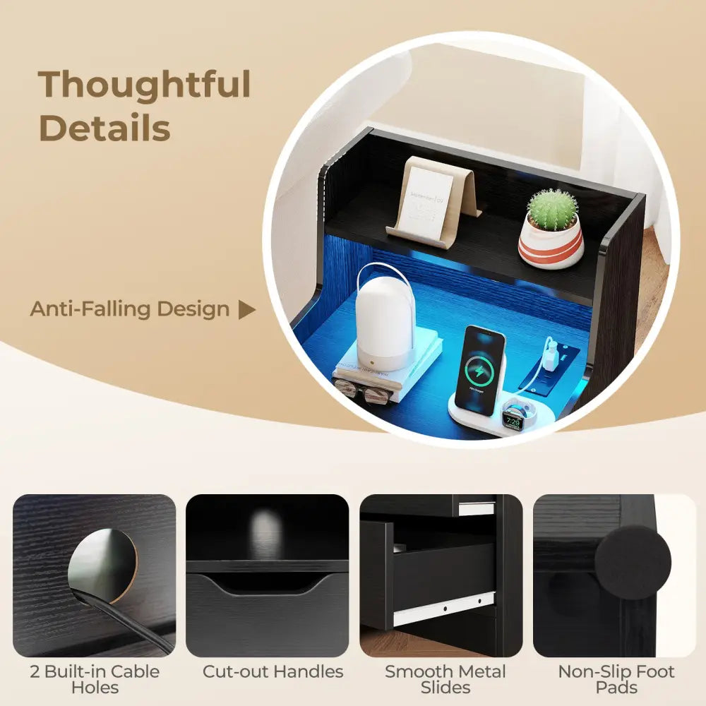 Nightstand with LED Light and Charging Station for Living Room Bedroom-Black - Black - Nightstands