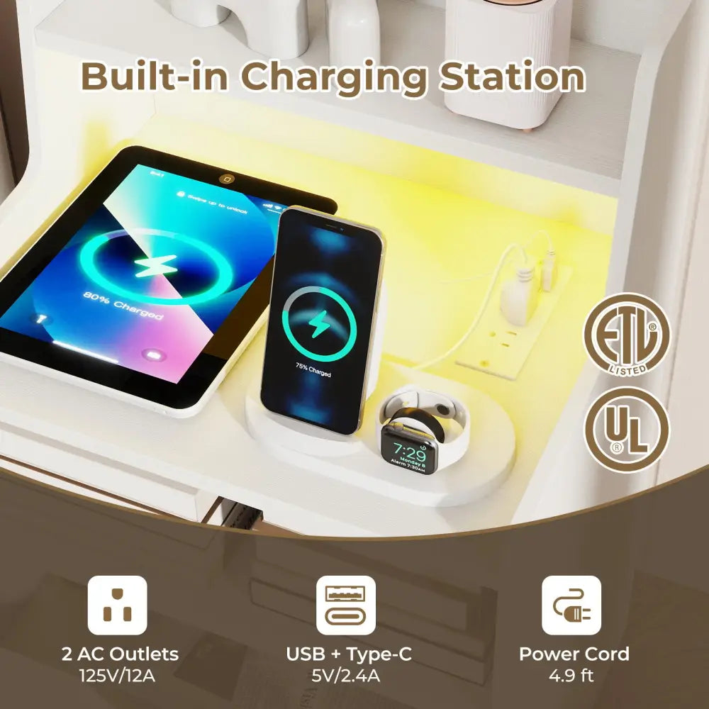 Nightstand with LED Light and Charging Station for Living Room Bedroom-White - White - Nightstands