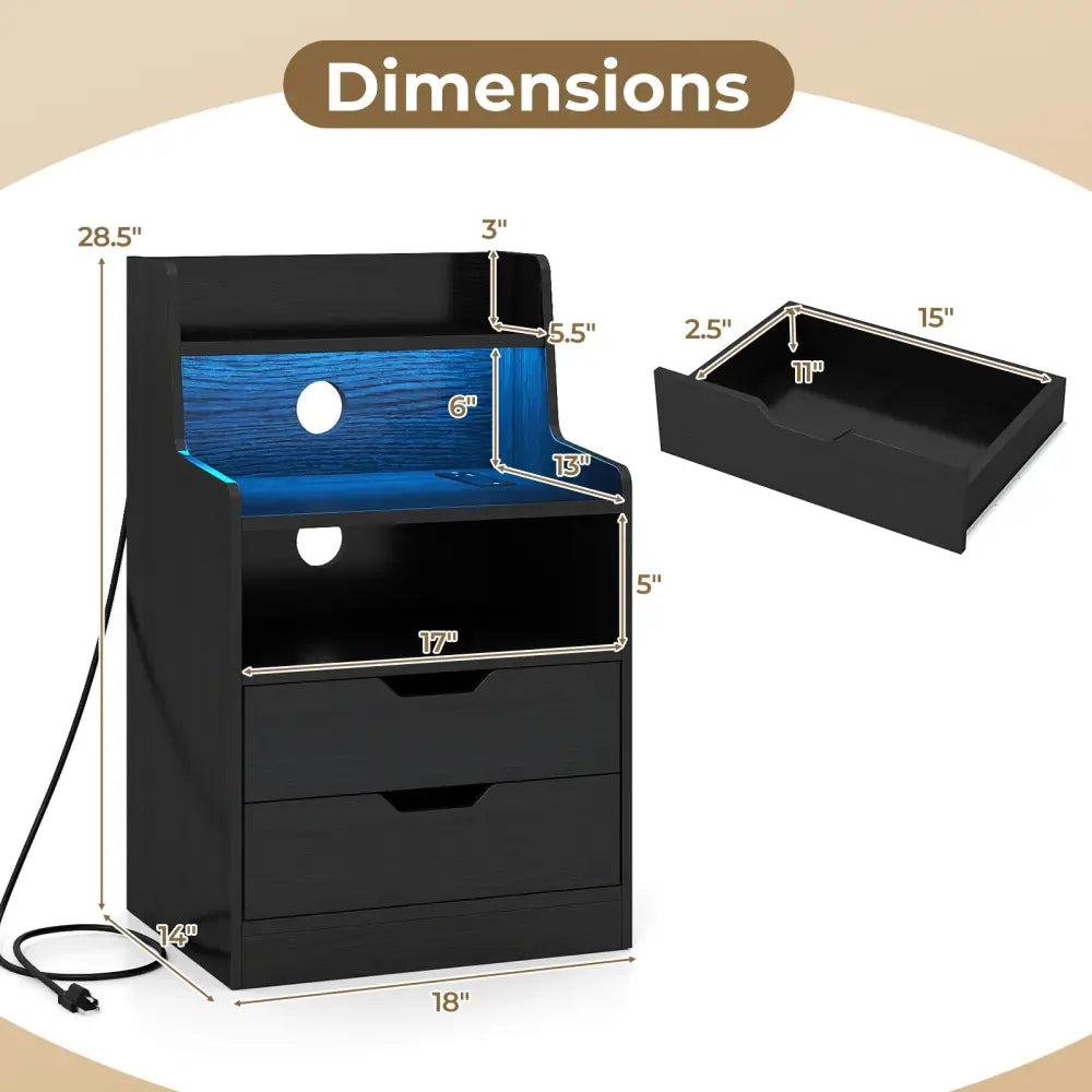 Nightstand with LED Light and Charging Station for Living Room Bedroom-Black - Black - Nightstands