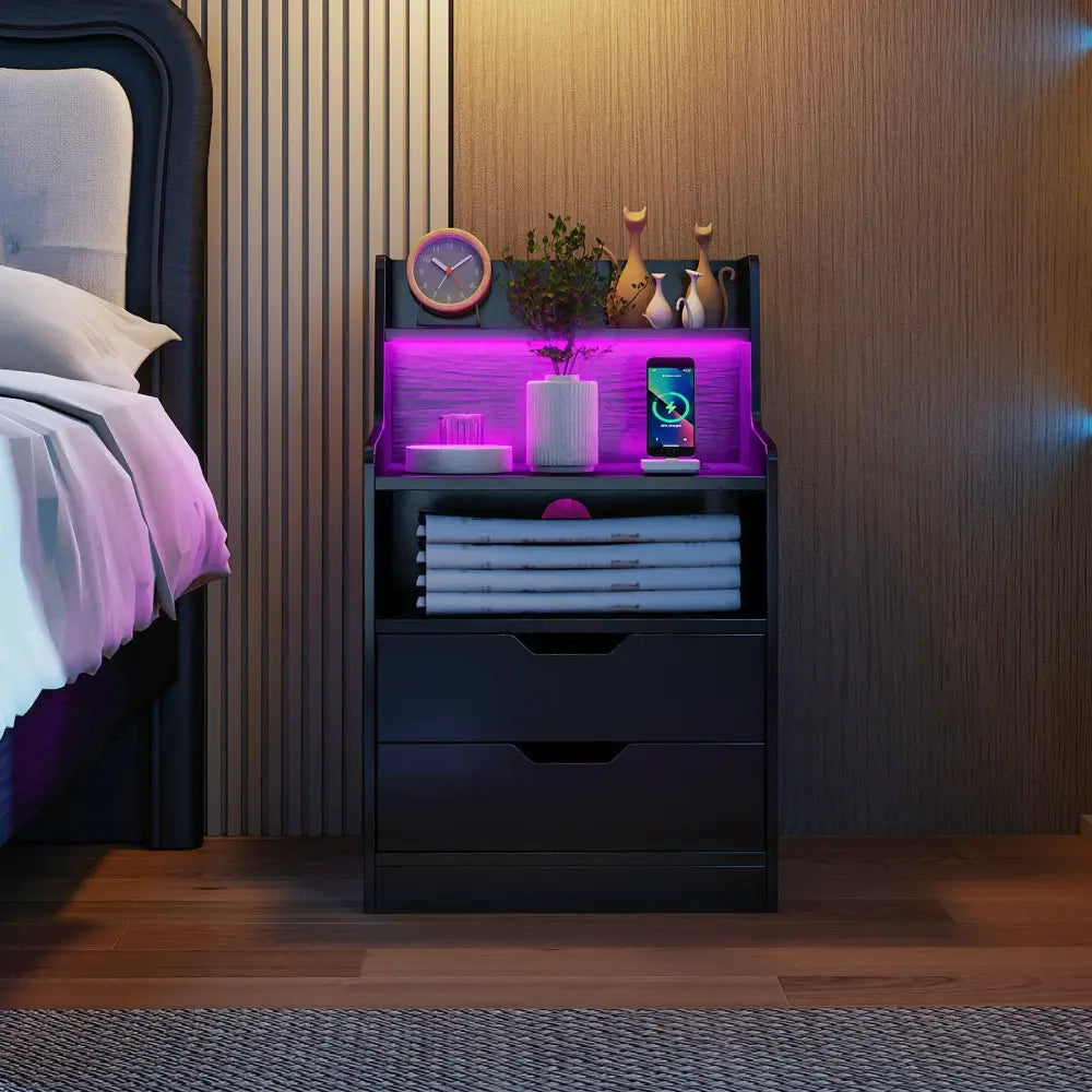 Nightstand with LED Light and Charging Station for Living Room Bedroom-Black - Black - Nightstands