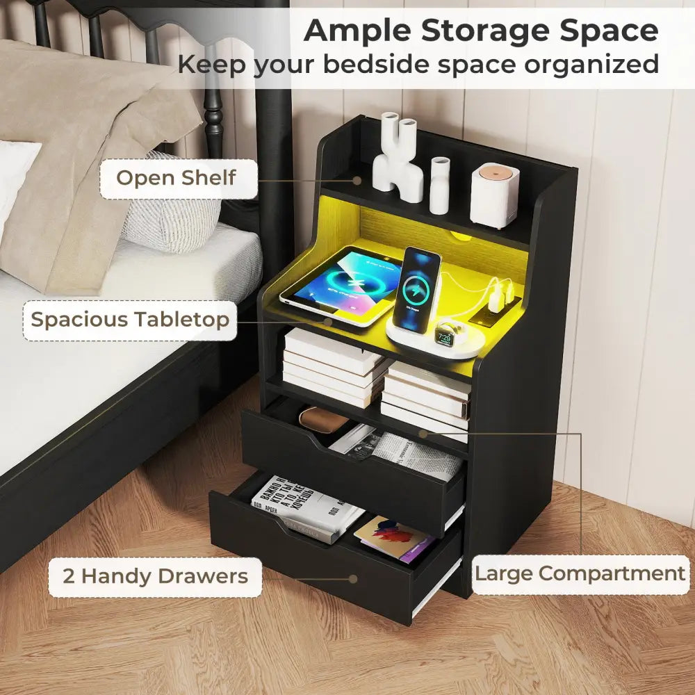 Nightstand with LED Light and Charging Station for Living Room Bedroom-Black - Black - Nightstands