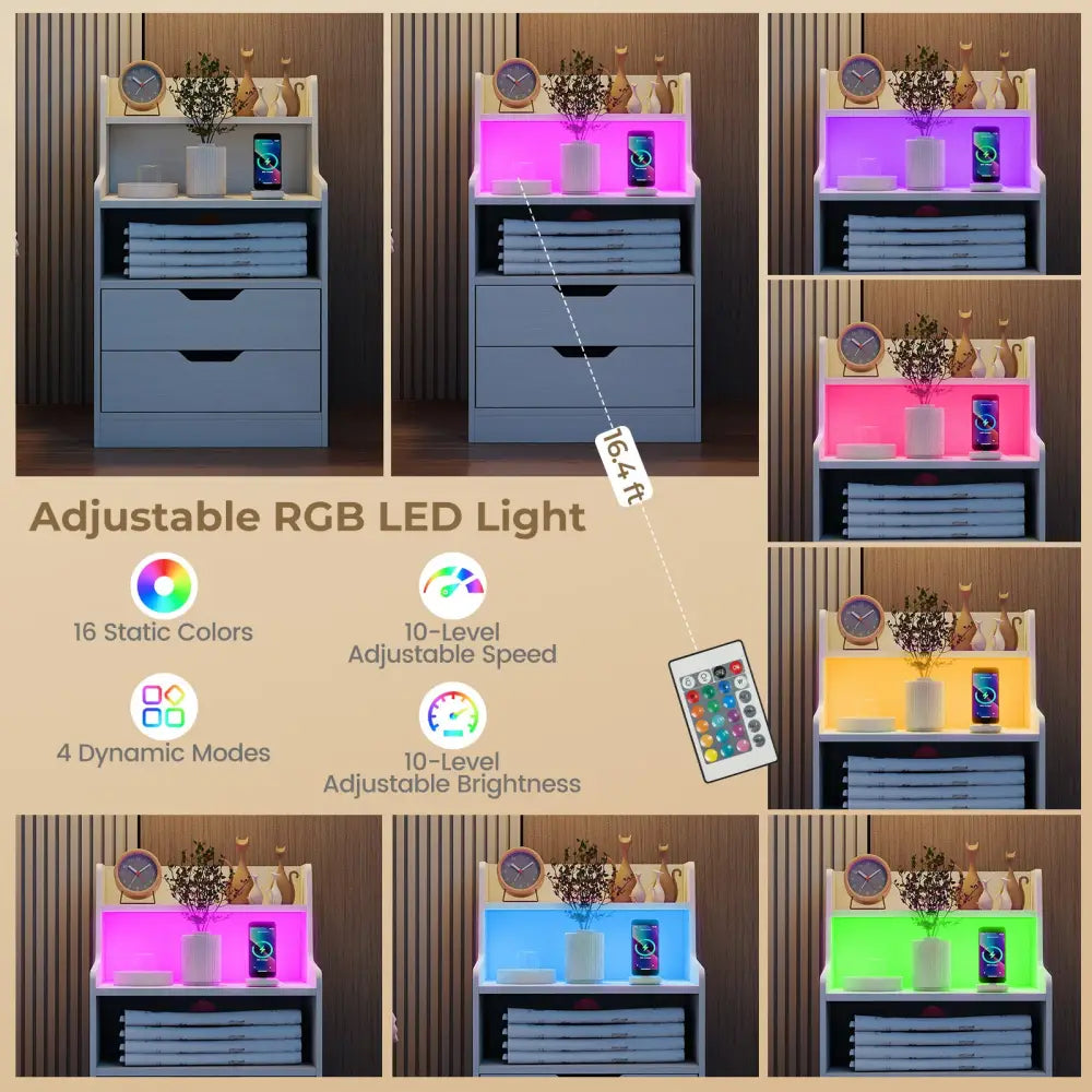 Nightstand with LED Light and Charging Station for Living Room Bedroom-White - White - Nightstands