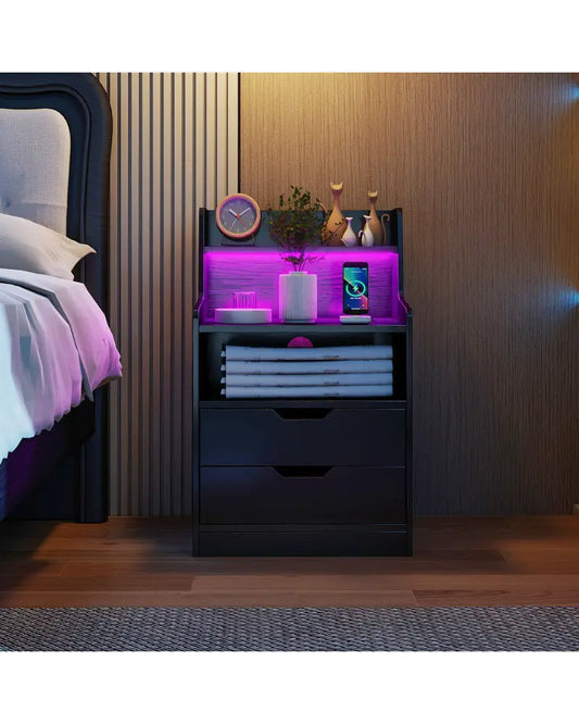 Nightstand with LED Light and Charging Station for Living Room Bedroom-Black - Black - Nightstands