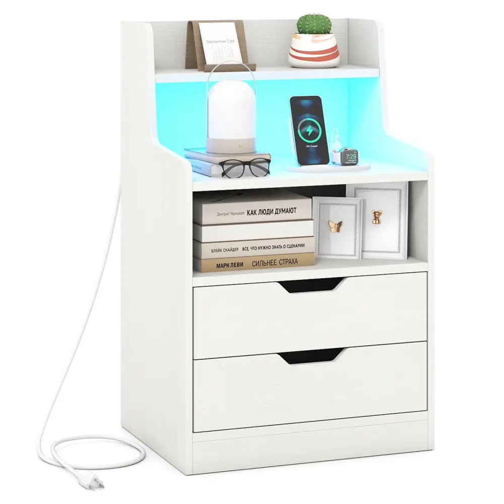Nightstand with LED Light and Charging Station for Living Room Bedroom-White - White - Nightstands