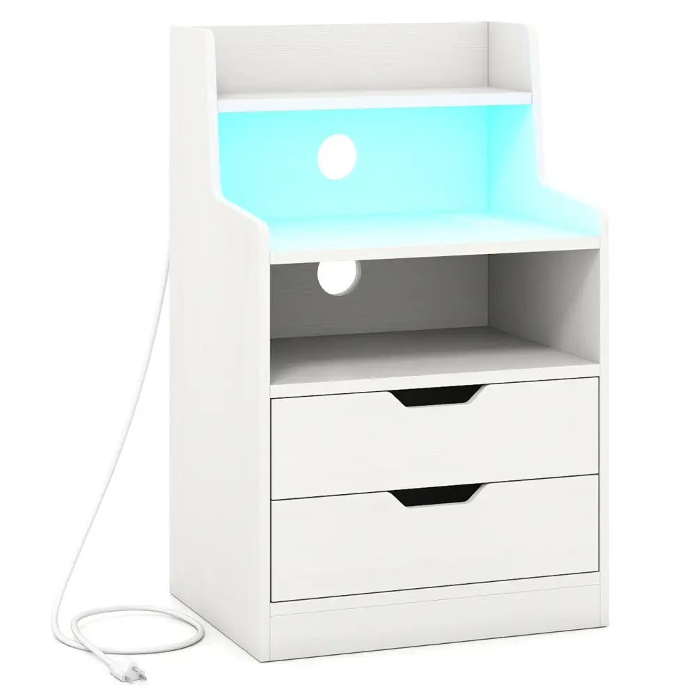 Nightstand with LED Light and Charging Station for Living Room Bedroom-White - White - Nightstands