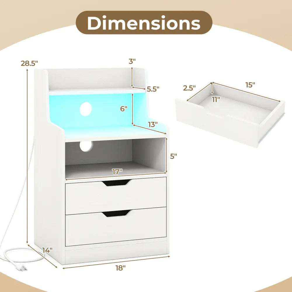Nightstand with LED Light and Charging Station for Living Room Bedroom-White - White - Nightstands