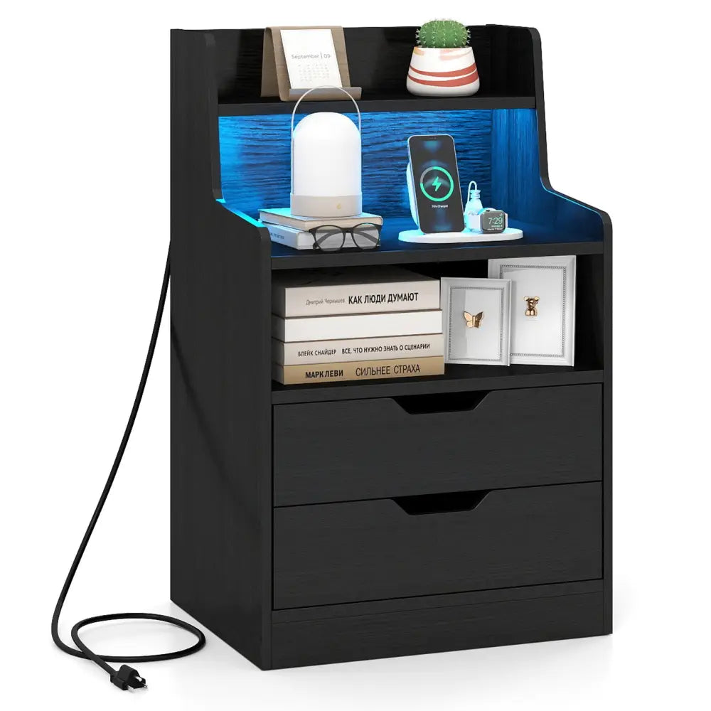 Nightstand with LED Light and Charging Station for Living Room Bedroom-Black - Black - Nightstands