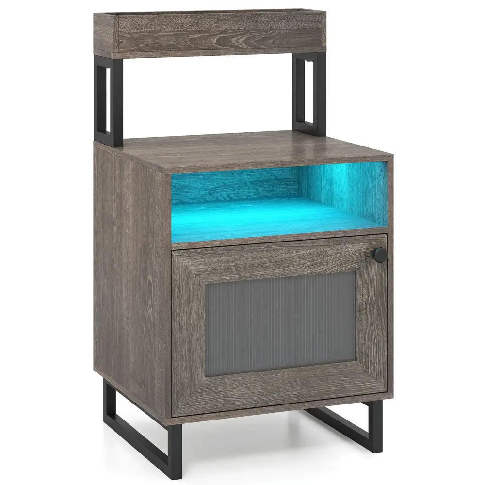 Nightstand with LED Lights Modern End Table with Top Tray Open Compartment and Storage Cabinet-Gray - Gray - Nightstands