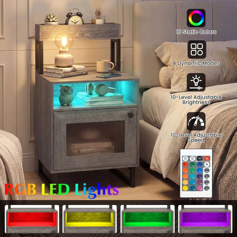 Nightstand with LED Lights Modern End Table with Top Tray Open Compartment and Storage Cabinet-Gray - Gray - Nightstands