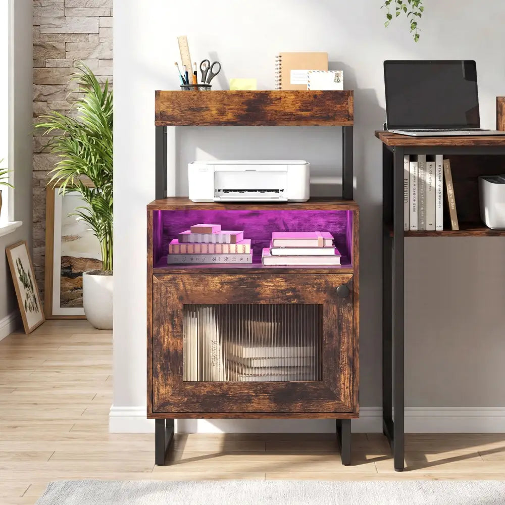 Nightstand with LED Lights Modern End Table with Top Tray Open Compartment and Storage Cabinet-Rustic Brown - Rustic