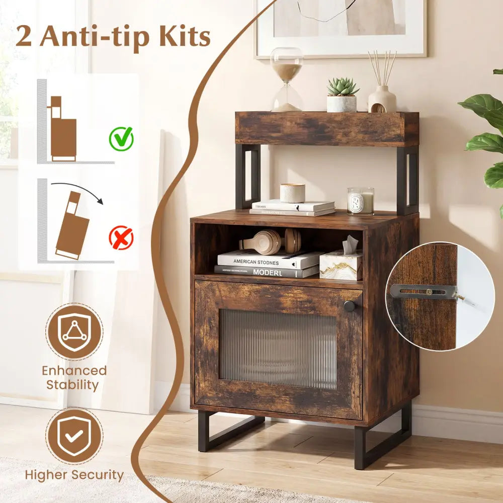 Nightstand with LED Lights Modern End Table with Top Tray Open Compartment and Storage Cabinet-Rustic Brown - Rustic