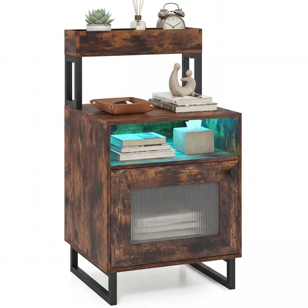 Nightstand with LED Lights Modern End Table with Top Tray Open Compartment and Storage Cabinet-Rustic Brown - Rustic