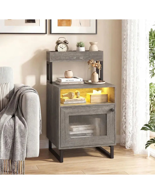 Nightstand with LED Lights Modern End Table with Top Tray Open Compartment and Storage Cabinet-Gray - Gray - Nightstands
