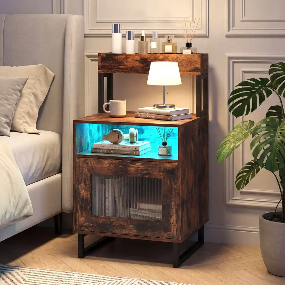 Nightstand with LED Lights Modern End Table with Top Tray Open Compartment and Storage Cabinet-Rustic Brown - Rustic