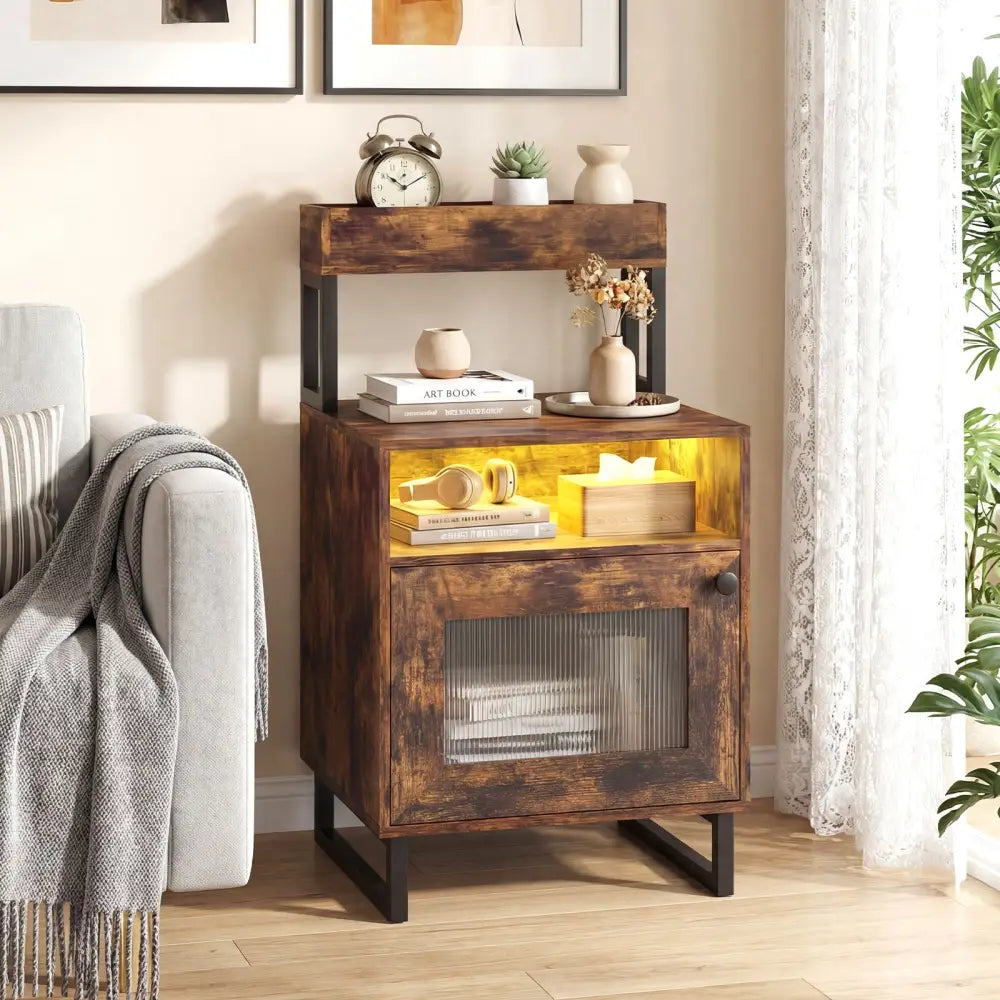 Nightstand with LED Lights Modern End Table with Top Tray Open Compartment and Storage Cabinet-Rustic Brown - Rustic