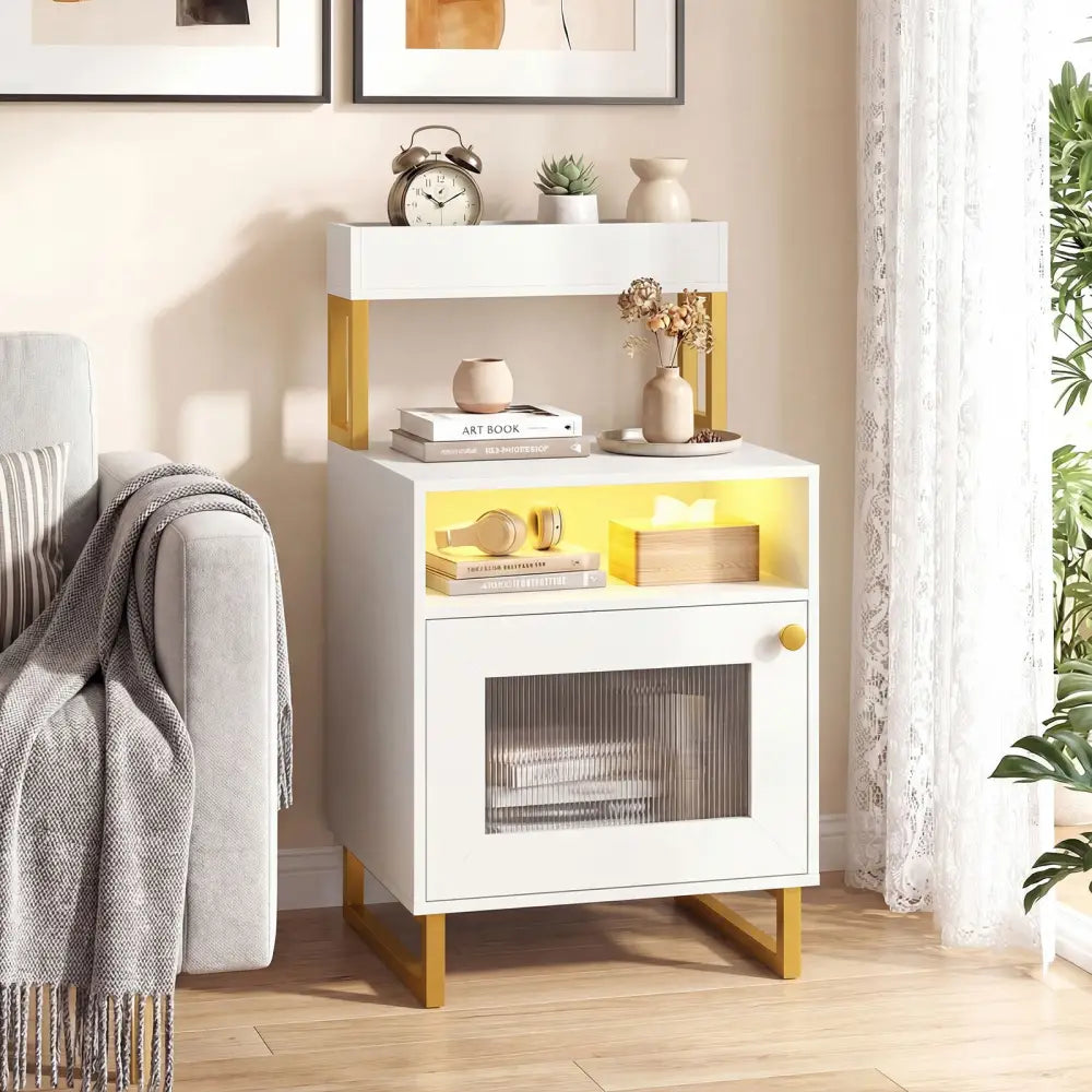 Nightstand with LED Lights Modern End Table with Top Tray Open Compartment and Storage Cabinet-White - White