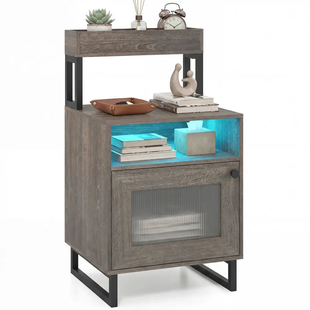 Nightstand with LED Lights Modern End Table with Top Tray Open Compartment and Storage Cabinet-Gray - Gray - Nightstands