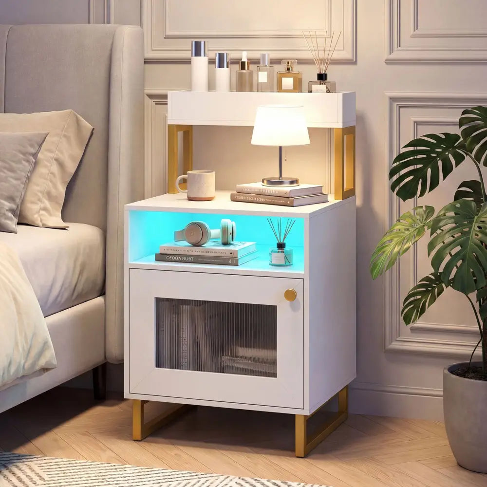 Nightstand with LED Lights Modern End Table with Top Tray Open Compartment and Storage Cabinet-White - White