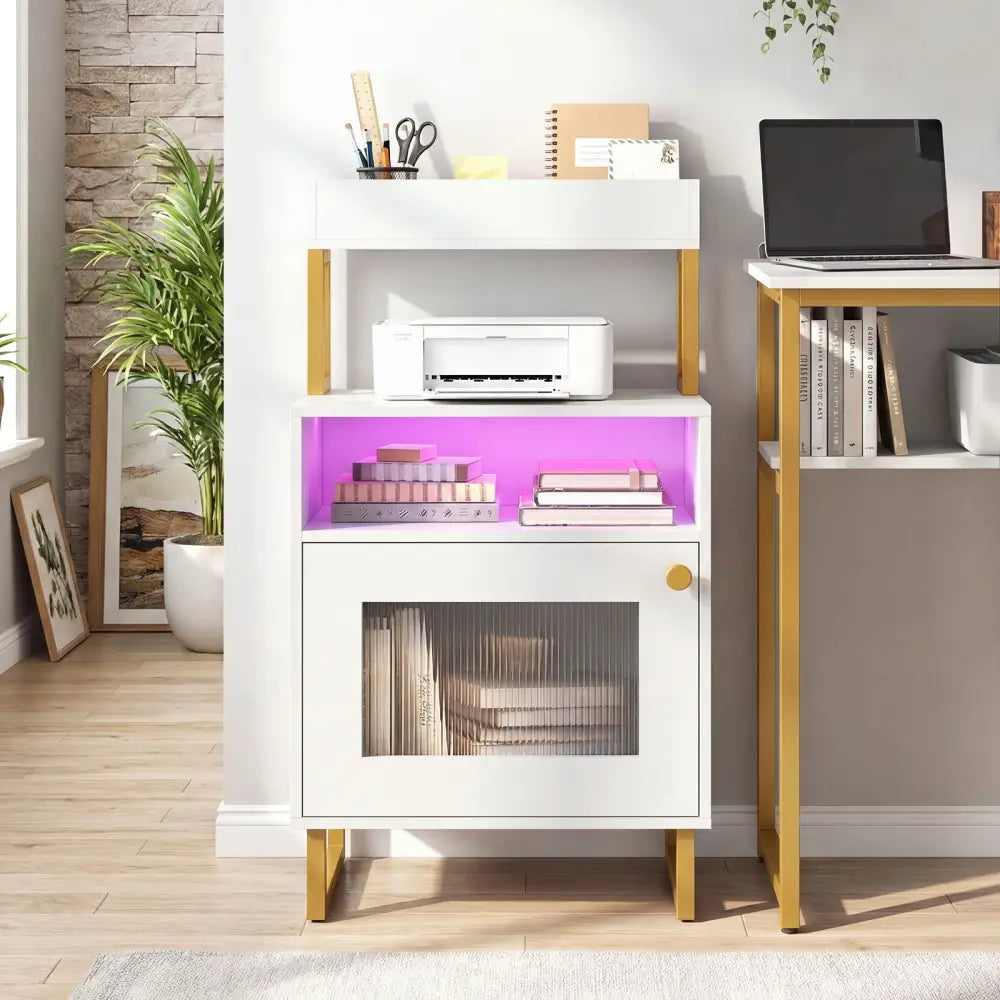 Nightstand with LED Lights Modern End Table with Top Tray Open Compartment and Storage Cabinet-White - White