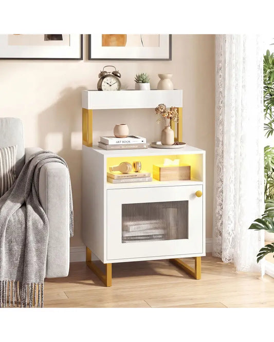 Nightstand with LED Lights Modern End Table with Top Tray Open Compartment and Storage Cabinet-White - White